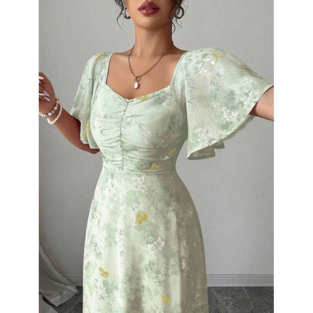 Modelyn Chiffon Butterfly Print Bat Wing Pleated Hem Sweet French Style - Picture 3 of 7